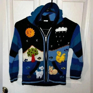 Peru Folk Art Apillera Unisex Zippered Hooded Sweater Blue Size 5 Missing Tag